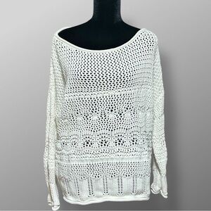 Free as a Bird Oversized Knit Sweater Small White Cotton Boho Net Crochet